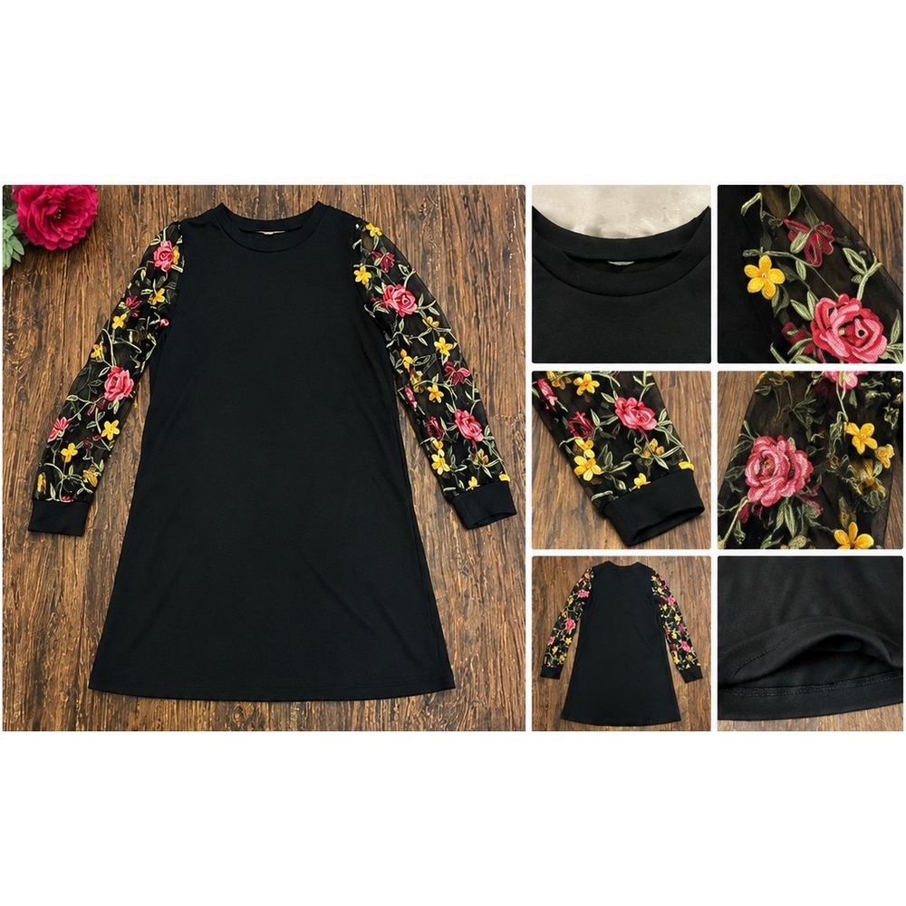 Floral Embroidered Mesh Sleeve Mini Dress Womens L Black Romantic Chic